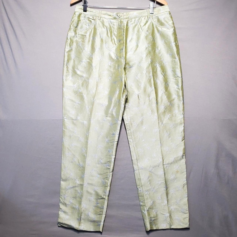 Bernard Zins Silk Dress Pants Womens‎ 16 Green Floral Brocade Saks Fifth Avenue